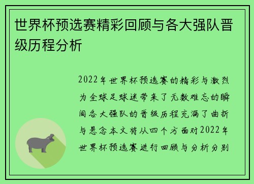 世界杯预选赛精彩回顾与各大强队晋级历程分析